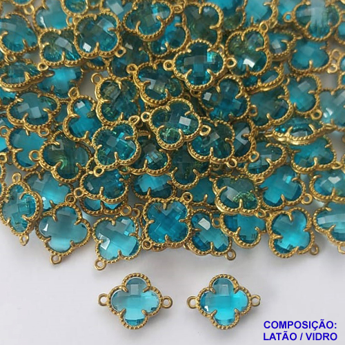 ACESSÓRIO NO BRUTO PRONTO PARA O BANHO - PINGENTE TIPO VAN CLEEF AZUL CLARO COM DUAS ARGOLINHAS - COMPOSIÇÃO: LATÃO / VIDRO - TAMANHO 10MM -  (VENDIDO POR UNIDADE) PESO TOTAL 0,6GR - BRU0001718