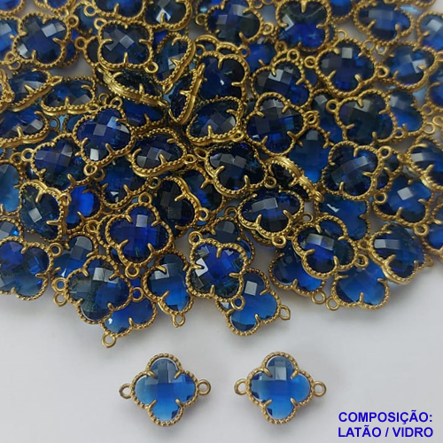 ACESSÓRIO NO BRUTO PRONTO PARA O BANHO - PINGENTE TIPO VAN CLEEF AZUL COM DUAS ARGOLINHAS - COMPOSIÇÃO: LATÃO / VIDRO - TAMANHO 10MM -  (VENDIDO POR UNIDADE) PESO TOTAL 0,6GR - BRU0001720