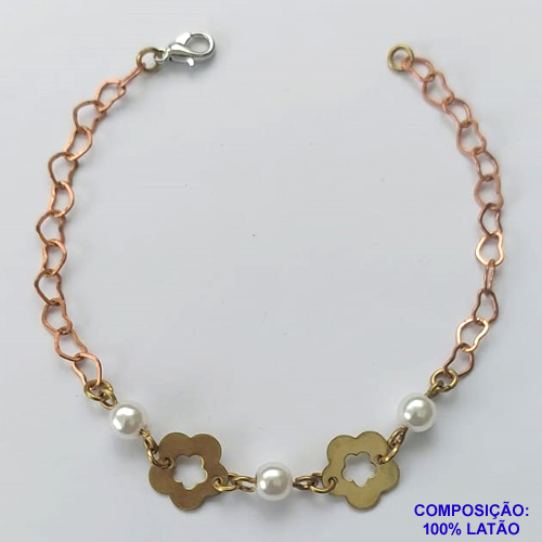 PULSEIRA NO BRUTO PRONTO PARA O BANHO(CX66) - PULSEIRA COM PÉROLAS E FLORES VAZADAS - TAMANHO: 18CM COM FECHO LAGOSTA - PESO 2,6GR - BRU10077