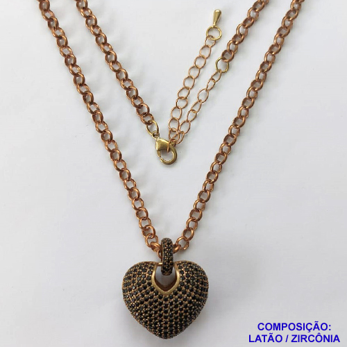 GARGANTILHA NO BRUTO PRONTO PARA O BANHO (CX04) - CORRENTE ELO PORTUGUÊS 45CM + EXTENSOR COM PINGENTE DE CORAÇÃO CRAVEJADO EM MICRO ZIRCÔNIAS - FECHO LAGOSTA - PESO 19,9GR - BRU10080