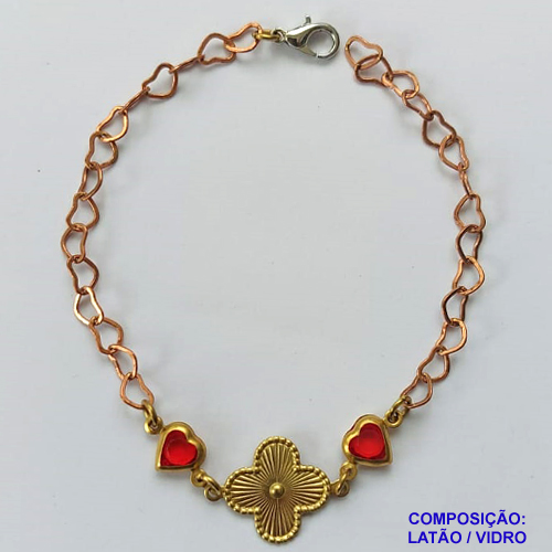 PULSEIRA NO BRUTO PRONTO PARA O BANHO(cx66) - PULSEIRA TIPO VAN CLEEF COM CORAÇÕES VERMELHOS - TAMANHO: 18CM COM FECHO LAGOSTA - PESO 2,3GR - BRU10087