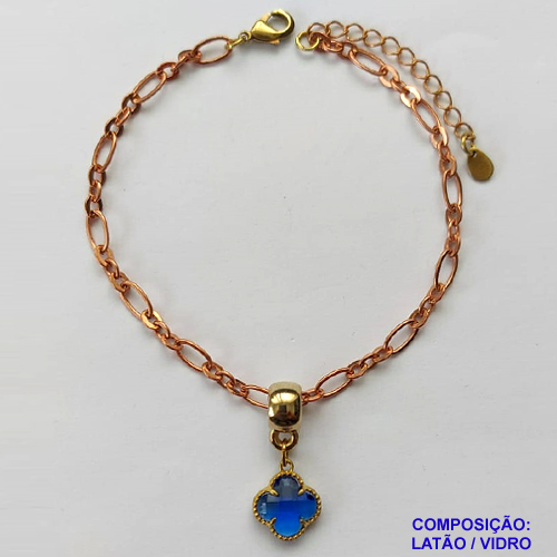 PULSEIRA NO BRUTO PRONTO PARA O BANHO -  PULSEIRA COM PINGENTE TIPO VAN CLEEF 10MM EM VIDRO AZUL - TAMANHO 18CM COM EXTENSOR E FECHO LAGOSTA - PESO 3,2GR - COMPOSIÇÃO: LATÃO / VIDRO - PENDENTE: ABS - BRU10139