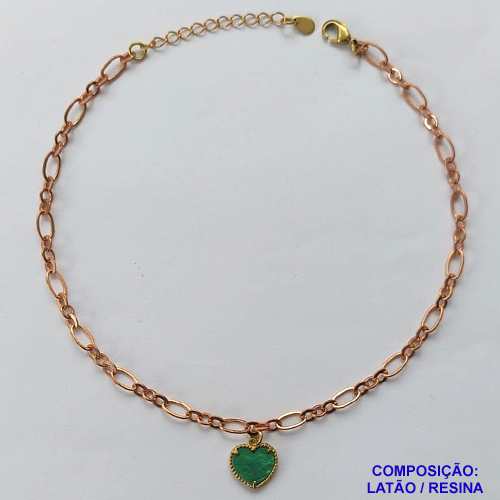 TORNOZELEIRA NO BRUTO PRONTO PARA O BANHO - TORNOZELEIRA TIPO VAN CLEFF CORAÇÃO 10MM VERDE - TAMANHO 24CM + EXTENSOR - PESO: 3,5GR - BRU10142
