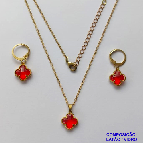 CONJUNTO NO BRUTO PRONTO PARA O BANHO - GARGANTILHA COM CORRENTE CADEADO DE 45CM - PINGENTE E BRINCOS TIPO VAN CLEEF 10MM EM VIDRO VERMELHO - BRINCOS ARGOLA DE PRESSÃO - PESO TOTAL: 4,8GR - BRU10146