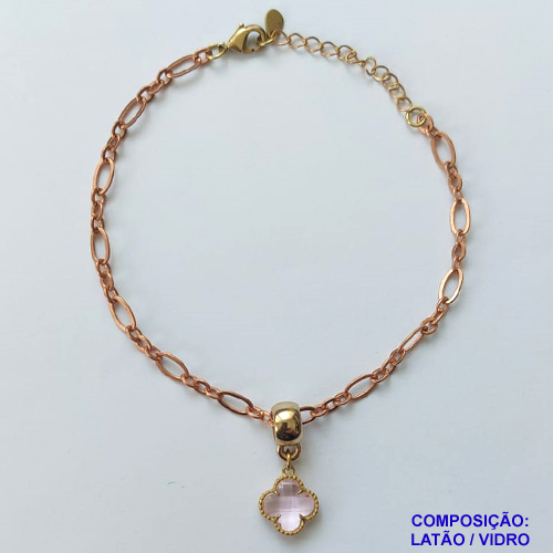 PULSEIRA NO BRUTO PRONTO PARA O BANHO -  PULSEIRA COM PINGENTE TIPO VAN CLEEF 10MM EM VIDRO ROSA - TAMANHO 18CM COM EXTENSOR E FECHO LAGOSTA - PESO 3,2GR - COMPOSIÇÃO: LATÃO / VIDRO - PENDENTE: ABS - BRU10148