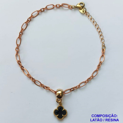 PULSEIRA NO BRUTO PRONTO PARA O BANHO -  PULSEIRA COM PINGENTE TIPO VAN CLEEF 10MM PRETO - TAMANHO 18CM COM EXTENSOR E FECHO LAGOSTA - PESO 2,9GR - COMPOSIÇÃO: LATÃO / RESINA - PENDENTE: ABS - BRU10150