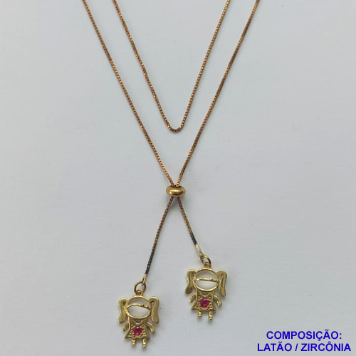 GARGANTILHA NO BRUTO PRONTO PARA O BANHO - COM CORRENTE VENEZIANA DE 70CM -" TIPO GRAVATINHA " - COM PINGENTES DUAS MENINAS COM ZIRCÔNIAS ROSAS - PESO TOTAL 4,4GR - BRU10151
