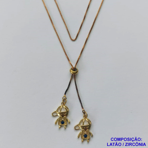 GARGANTILHA NO BRUTO PRONTO PARA O BANHO - COM CORRENTE VENEZIANA DE 70CM -" TIPO GRAVATINHA " - COM PINGENTES DOIS MENINOS COM ZIRCÔNIAS ROSAS - PESO TOTAL 4,3GR - BRU10152