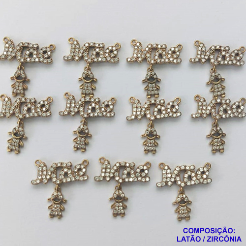 PINGENTE NO BRUTO PRONTO PARA O BANHO (CX16) - PINGENTE COM DUAS ARGOLINHAS MÃE COM MENINA CRAVEJADA COM MICRO ZIRCÔNIAS - COMPOSIÇÃO: LATÃO / ZIRCÔNIA - TAMANHO 16X17MM -  (VENDIDO POR UNIDADE) PESO TOTAL 1,6GR - BRU0001762