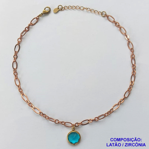 TORNOZELEIRA NO BRUTO PRONTO PARA O BANHO - TORNOZELEIRA COM PINGENTE EM ZIRCÔNIA 10MM AZUL CLARA - TAMANHO 24CM + EXTENSOR - PESO: 3,9GR - BRU10155