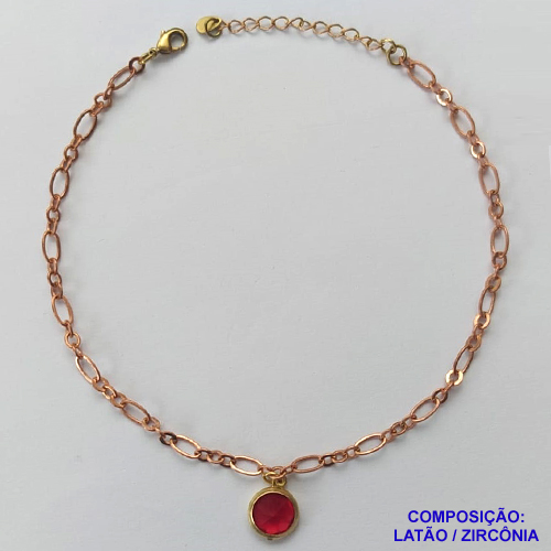 TORNOZELEIRA NO BRUTO PRONTO PARA O BANHO - TORNOZELEIRA COM PINGENTE EM ZIRCÔNIA 10MM VERMELHA - TAMANHO 24CM + EXTENSOR - PESO: 3,9GR - BRU10156