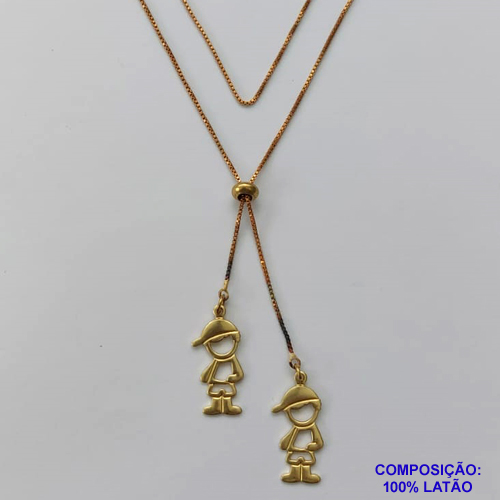 GARGANTILHA NO BRUTO PRONTO PARA O BANHO - COM CORRENTE VENEZIANA DE 70CM -" TIPO GRAVATINHA " AJUSTÁVEL - COM DOIS PINGENTES MENINOS - PESO TOTAL 3,7GR - BRU10173
