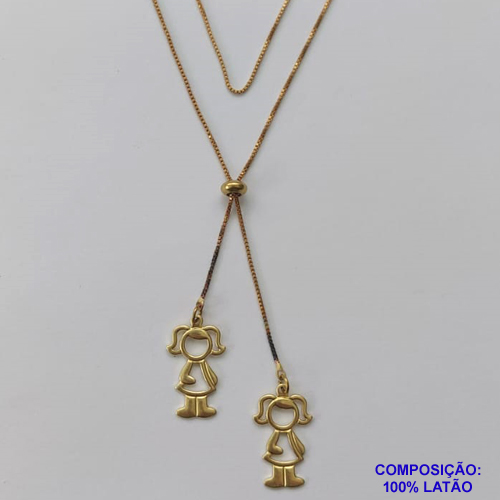 GARGANTILHA NO BRUTO PRONTO PARA O BANHO - COM CORRENTE VENEZIANA DE 70CM -" TIPO GRAVATINHA " AJUSTÁVEL - COM DOIS PINGENTES MENINAS - PESO TOTAL 3,8GR - BRU10174