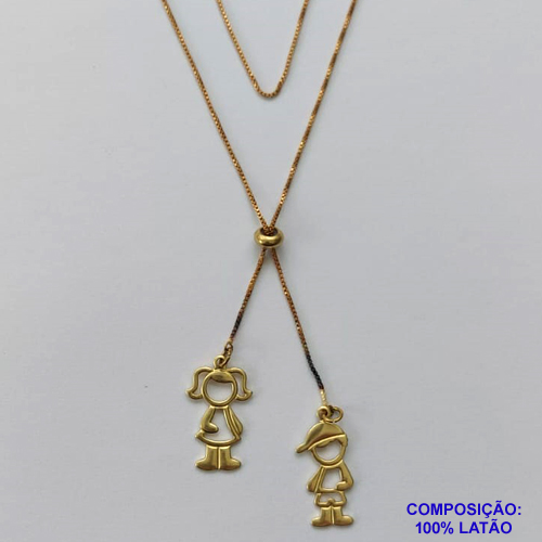 GARGANTILHA NO BRUTO PRONTO PARA O BANHO - COM CORRENTE VENEZIANA DE 70CM -" TIPO GRAVATINHA " AJUSTÁVEL - COM PINGENTES MENINOS E MENINAS - PESO TOTAL 3,8GR - BRU10175