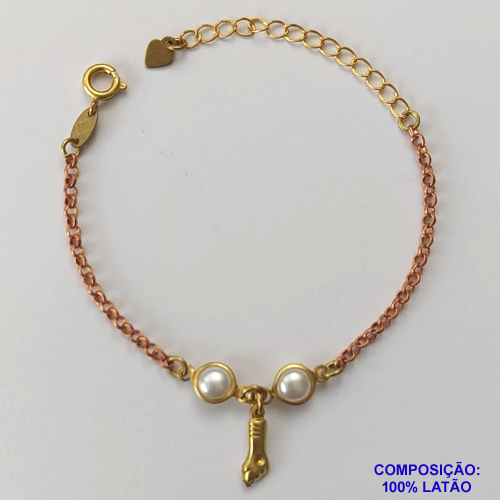 PULSEIRA NO BRUTO PRONTO PARA O BANHO(CX66) - PULSEIRA INFANTIL COM DUAS PÉROLAS E PINGENTE FIGA - TAMANHO 12CM + EXTENSOR - PESO 1,8GR - FECHO REDONDO - BRU10190