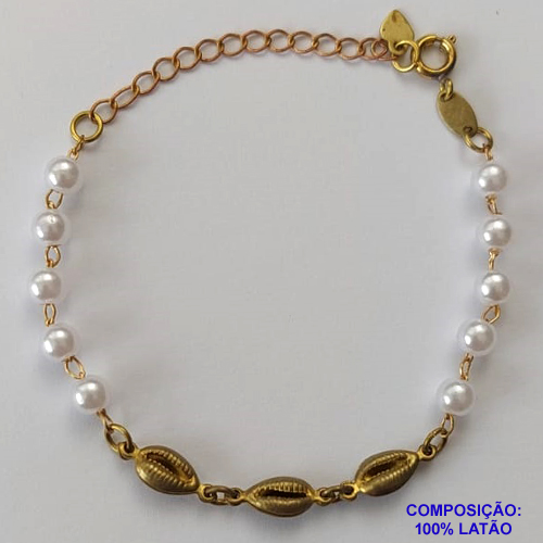 PULSEIRA NO BRUTO PRONTO PARA O BANHO(CX66) - PULSEIRA INFANTIL COM PÉROLAS E CONCHAS - TAMANHO 13CM + EXTENSOR - PESO 2,4GR - FECHO REDONDO - BRU10191