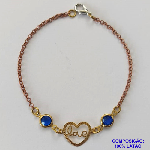 PULSEIRA NO BRUTO PRONTO PARA O BANHO(CX66) - PULSEIRA COM PEDRAS AZUIS ESCURAS E PINGENTE CORAÇÃO VAZADO PALAVRA LOVE - TAMANHO 17CM - PESO 1,8GR - FECHO LAGOSTA - BRU10192