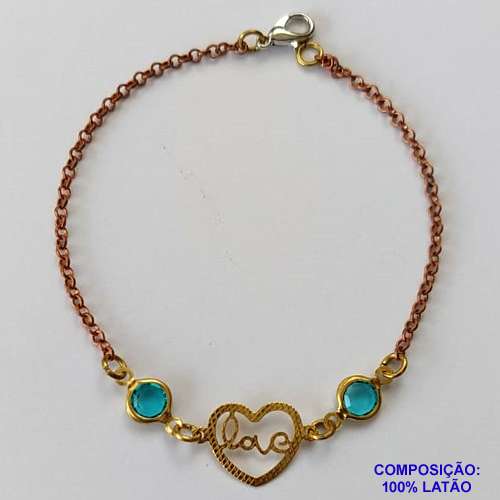 PULSEIRA NO BRUTO PRONTO PARA O BANHO - PULSEIRA COM PEDRAS AZUIS CLARAS E PINGENTE CORAÇÃO VAZADO PALAVRA LOVE - TAMANHO 17CM - PESO 1,8GR - FECHO LAGOSTA - BRU10193