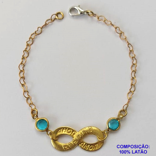 PULSEIRA NO BRUTO PRONTO PARA O BANHO (CX66) - PULSEIRA COM PEDRAS AZUIS E PINGENTE INFINITO COM PALAVRA AMOR - TAMANHO 17CM - PESO 2,2GR - FECHO LAGOSTA - BRU10197