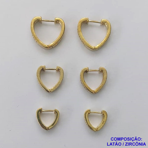 BRINCO NO BRUTO PRONTO PARA O BANHO(CX58) - TRIO DE BRINCO  - TAMANHOS 16/14/12MM - LARGURA 3MM TRIO DE ARGOLA DE PRESSÃO(TRANQUETA) FORMATO EM CORAÇÃO CRAVEJADO COM 2 FILEIRAS EM MICRO ZIRCÔNIAS - PESO TOTAL 8,8GR - BRU10211