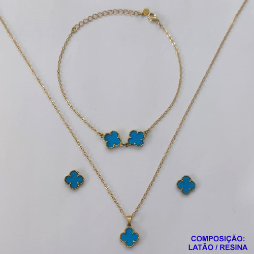 CONJUNTO NO BRUTO PRONTO PARA O BANHO - TIPO VAN CLEEF AZUL (GARGANTILHA, BRINCO E PULSEIRA) PINGENTE 14MM - GARGANTILHA COM CORRENTE CADEADO 45CM E FECHO LAGOSTA - BRINCOS DE PINO E PULSEIRA 18CM - PESO TOTAL: 5,6GR - BRU10218