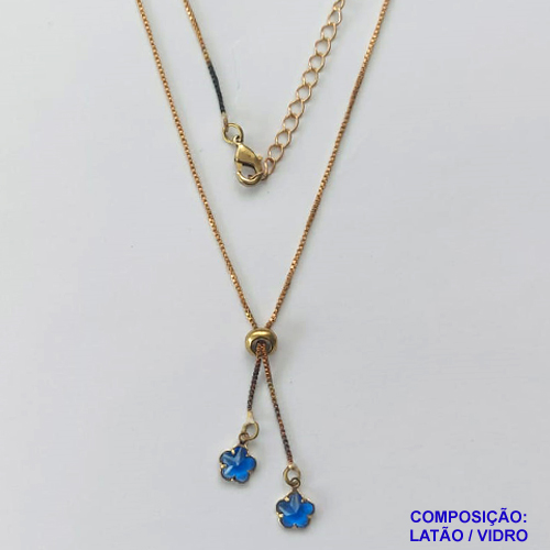 GARGANTILHA NO BRUTO PRONTO PARA O BANHO - COM CORRENTE VENEZIANA DE 45CM + EXTENSOR - " TIPO GRAVATINHA " AJUSTÁVEL - COM DOIS PINGENTES FLOR AZUL 6MM - PESO TOTAL 2,6GR - BRU10222
