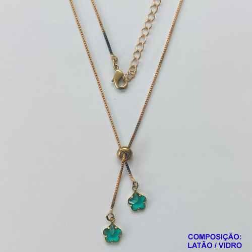 GARGANTILHA NO BRUTO PRONTO PARA O BANHO - COM CORRENTE VENEZIANA DE 45CM + EXTENSOR - " TIPO GRAVATINHA " AJUSTÁVEL - COM DOIS PINGENTES FLOR VERDE 6MM - PESO TOTAL 2,6GR - BRU10223
