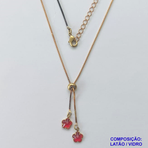 GARGANTILHA NO BRUTO PRONTO PARA O BANHO - COM CORRENTE VENEZIANA DE 45CM + EXTENSOR - " TIPO GRAVATINHA " AJUSTÁVEL - COM DOIS PINGENTES FLOR VERMELHA 6MM - PESO TOTAL 2,6GR - BRU10225