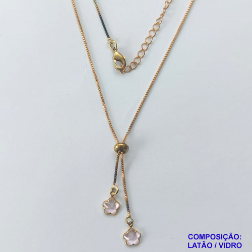 GARGANTILHA NO BRUTO PRONTO PARA O BANHO - COM CORRENTE VENEZIANA DE 45CM + EXTENSOR - " TIPO GRAVATINHA " AJUSTÁVEL - COM DOIS PINGENTES FLOR ROSA 6MM - PESO TOTAL 2,6GR - BRU10226