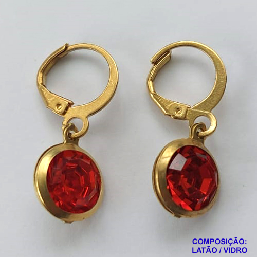 BRINCO NO BRUTO PRONTO BANHO - BRINCO COM PINGENTE EM STRASS VERMELHO - ARGOLINHA DE PRESSÃO (TRANQUETA) TAMANHO 10MM - PESO TOTAL 2,4GR - BRU10235