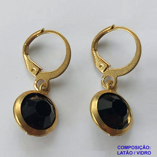 BRINCO NO BRUTO PRONTO BANHO - BRINCO COM PINGENTE EM STRASS PRETO - ARGOLINHA DE PRESSÃO (TRANQUETA) TAMANHO 10MM - PESO TOTAL 2,4GR - BRU10239