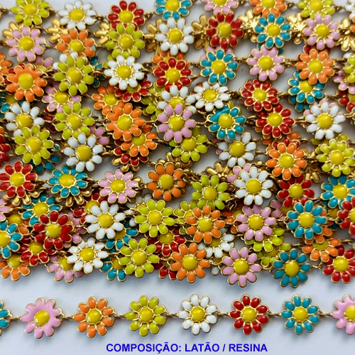 CORRENTE NO BRUTO PRONTO PARA O BANHO(CX34) - CORRENTE COM FLORES COLORIDAS - LARGURA: 8MM - COMPOSIÇÃO: LATÃO/RESINA - CORRENTE VENDIDA POR METRO - BRU000894A