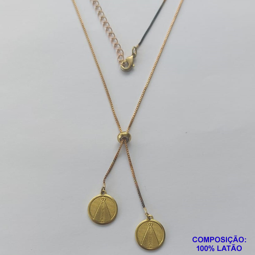 GARGANTILHA NO BRUTO PRONTO PARA O BANHO - COM CORRENTE VENEZIANA DE 45CM + EXTENSOR - " TIPO GRAVATINHA " AJUSTÁVEL - COM DOIS PINGENTES NOSSA SRA APARECIDA 11MM - PESO TOTAL 4GR - BRU10261