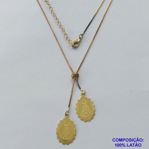 GARGANTILHA NO BRUTO PRONTO PARA O BANHO - COM CORRENTE VENEZIANA DE 45CM + EXTENSOR - " TIPO GRAVATINHA " AJUSTÁVEL - COM DOIS PINGENTES OVAIS NOSSA SRA APARECIDA 11MM - PESO TOTAL 3,8GR - BRU10262