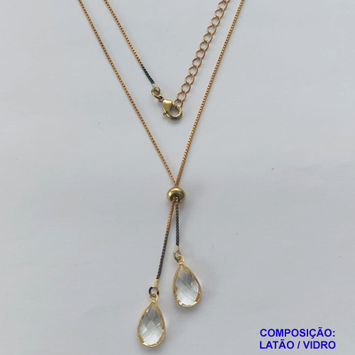 GARGANTILHA NO BRUTO PRONTO PARA O BANHO - COM CORRENTE VENEZIANA DE 45CM + EXTENSOR - " TIPO GRAVATINHA " AJUSTÁVEL - COM DOIS PINGENTES GOTA EM VIDRO CRISTAL 14MM - PESO TOTAL 3,5GR - BRU10292