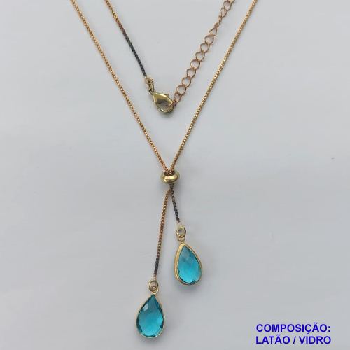 GARGANTILHA NO BRUTO PRONTO PARA O BANHO - COM CORRENTE VENEZIANA DE 45CM + EXTENSOR - " TIPO GRAVATINHA " AJUSTÁVEL - COM DOIS PINGENTES GOTA EM VIDRO AZUL 14MM - PESO TOTAL 3,5GR - BRU10293