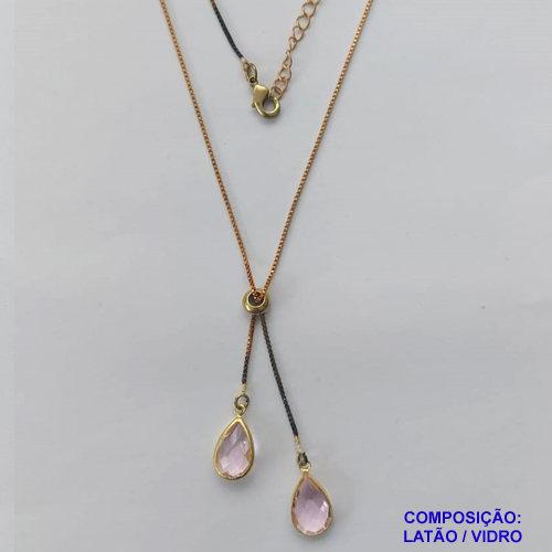 GARGANTILHA NO BRUTO PRONTO PARA O BANHO - COM CORRENTE VENEZIANA DE 45CM + EXTENSOR - " TIPO GRAVATINHA " AJUSTÁVEL - COM DOIS PINGENTES GOTA EM VIDRO ROSA 14MM - PESO TOTAL 3,5GR - BRU10294
