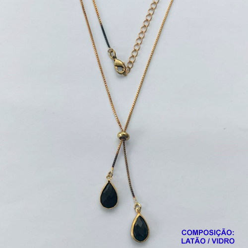 GARGANTILHA NO BRUTO PRONTO PARA O BANHO - COM CORRENTE VENEZIANA DE 45CM + EXTENSOR - " TIPO GRAVATINHA " AJUSTÁVEL - COM DOIS PINGENTES GOTA EM VIDRO PRETO 14MM - PESO TOTAL 3,5GR - BRU10295
