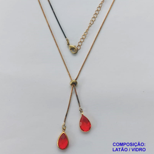 GARGANTILHA NO BRUTO PRONTO PARA O BANHO - COM CORRENTE VENEZIANA DE 45CM + EXTENSOR - " TIPO GRAVATINHA " AJUSTÁVEL - COM DOIS PINGENTES GOTA EM VIDRO VERMELHO 14MM - PESO TOTAL 3,5GR - BRU10298