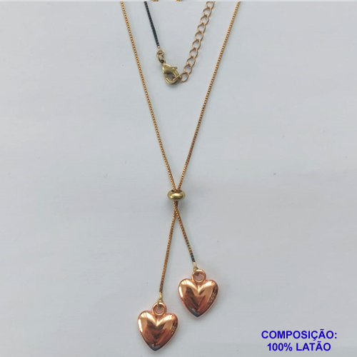GARGANTILHA NO BRUTO PRONTO PARA O BANHO - COM CORRENTE VENEZIANA DE 45CM + EXTENSOR - " TIPO GRAVATINHA " AJUSTÁVEL - COM DOIS PINGENTES CORAÇÃO 14MM - PESO TOTAL 2,9GR - BRU10299