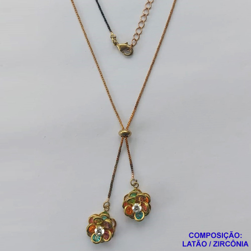 GARGANTILHA NO BRUTO PRONTO PARA O BANHO - COM CORRENTE VENEZIANA DE 45CM + EXTENSOR - " TIPO GRAVATINHA " AJUSTÁVEL - COM DOIS PINGENTES FLOR COM PEDRAS EM ZIRCÔNIAS COLORIDAS 12MM - PESO TOTAL 4,8GR - BRU10304