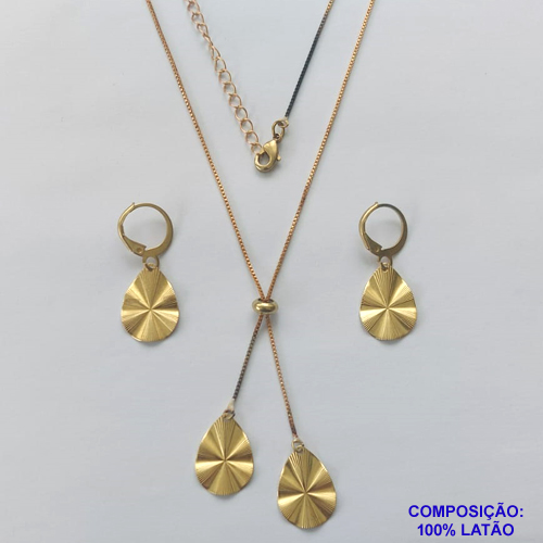 CONJUNTO NO BRUTO PRONTO PARA O BANHO - COM CORRENTE VENEZIANA DE 45CM + EXTENSOR - " TIPO GRAVATINHA " AJUSTÁVEL - PINGENTES GOTA 17MM - BRINCOS ARGOLINHAS DE PRESSÃO - PESO TOTAL 5,2GR - BRU10306
