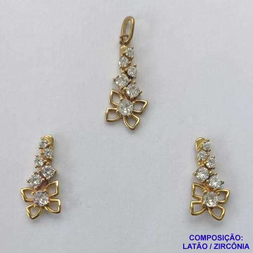 CONJUNTO NO BRUTO PRONTO PARA O BANHO (CX26)- CONJUNTO SEM CORRENTE (CX001875) - (PINGENTE E BRINCOS) PINGENTE FLOR 10X21MM CRAVEJADO EM MICRO ZIRCÔNIAS - PESO TOTAL 2,9GR -  BRU10313