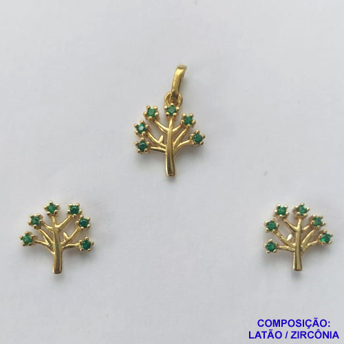 CONJUNTO NO BRUTO PRONTO PARA O BANHO (CX26) - CONJUNTO SEM CORRENTE (CX001443 C129) - (PINGENTE E BRINCOS) PINGENTE ÁRVORE DA VIDA 9X10MM CRAVEJADO EM MICRO ZIRCÔNIAS VERDES - PESO TOTAL 0,9GR -  BRU10314