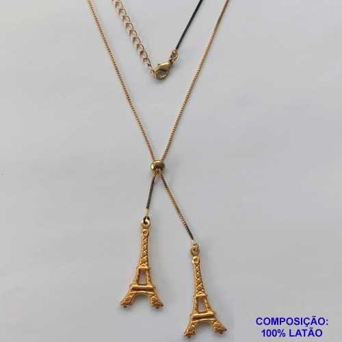 GARGANTILHA NO BRUTO PRONTO PARA O BANHO - COM CORRENTE VENEZIANA DE 45CM + EXTENSOR - " TIPO GRAVATINHA " AJUSTÁVEL - COM DOIS PINGENTES TORRE EIFFEL 15X32MM (E1166) - PESO TOTAL 4GR - BRU10319