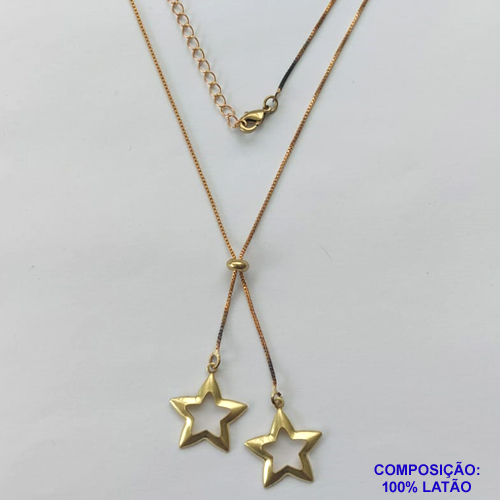 GARGANTILHA NO BRUTO PRONTO PARA O BANHO - COM CORRENTE VENEZIANA DE 45CM + EXTENSOR - " TIPO GRAVATINHA " AJUSTÁVEL - COM DOIS PINGENTES ESTRELA VAZADA 15X15MM (E3211) - PESO TOTAL 3,6GR - BRU10320
