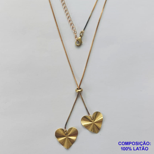 GARGANTILHA NO BRUTO PRONTO PARA O BANHO - COM CORRENTE VENEZIANA DE 45CM + EXTENSOR - " TIPO GRAVATINHA " AJUSTÁVEL - COM DOIS PINGENTES CORAÇÕES MARTELADOS 15X15MM - PESO TOTAL 3,5GR - BRU10334
