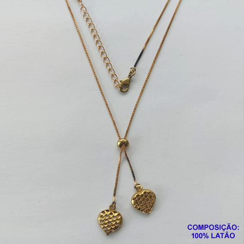 GARGANTILHA NO BRUTO PRONTO PARA O BANHO - COM CORRENTE VENEZIANA DE 45CM + EXTENSOR - " TIPO GRAVATINHA " AJUSTÁVEL - COM DOIS PINGENTES CORAÇÕES DUPLOS 10X10MM - PESO TOTAL 3GR - BRU10335