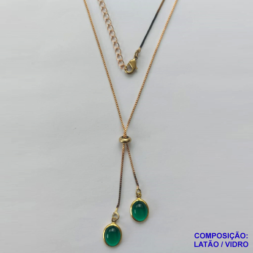 GARGANTILHA NO BRUTO PRONTO PARA O BANHO - COM CORRENTE VENEZIANA DE 45CM + EXTENSOR - " TIPO GRAVATINHA " AJUSTÁVEL - COM DOIS PINGENTES GOTAS VIDROS VERDES 8X12MM - PESO TOTAL 3,1GR - BRU10336