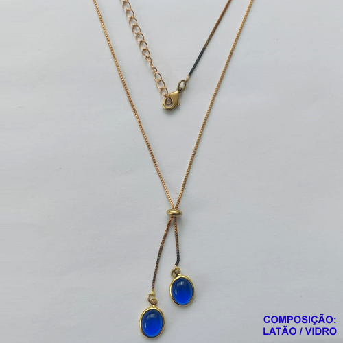GARGANTILHA NO BRUTO PRONTO PARA O BANHO - COM CORRENTE VENEZIANA DE 45CM + EXTENSOR - " TIPO GRAVATINHA " AJUSTÁVEL - COM DOIS PINGENTES GOTAS VIDROS AZUIS 8X12MM - PESO TOTAL 3,1GR - BRU10337